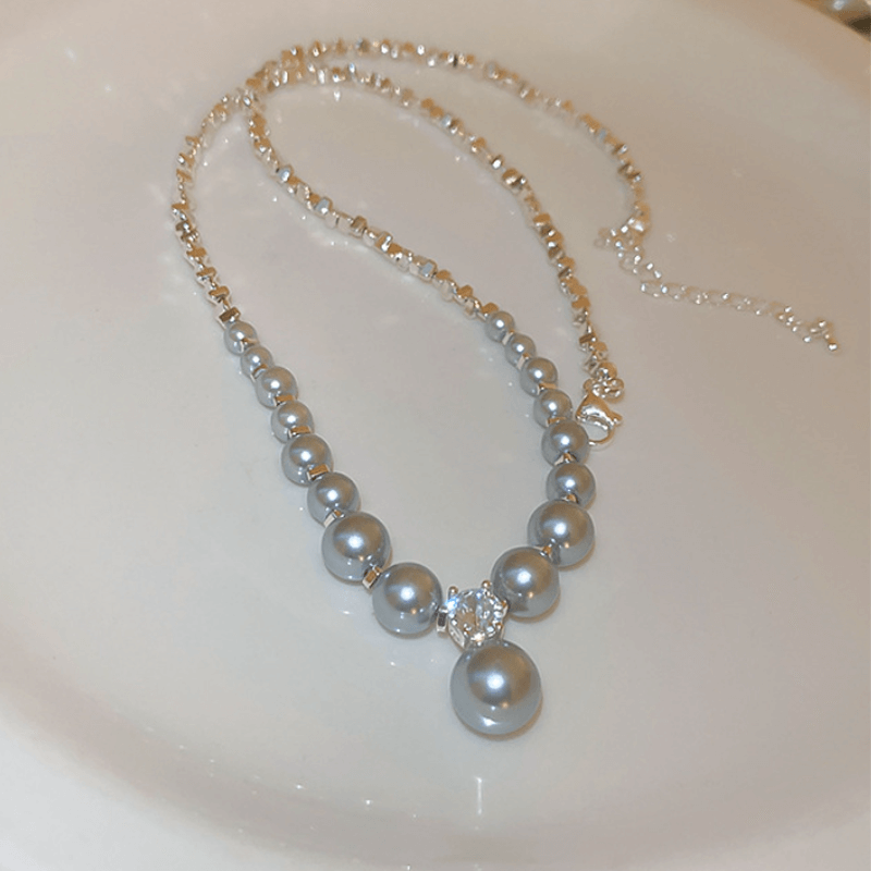 White Stone Grey Pearl Diamond Pendant French Vintage Necklace