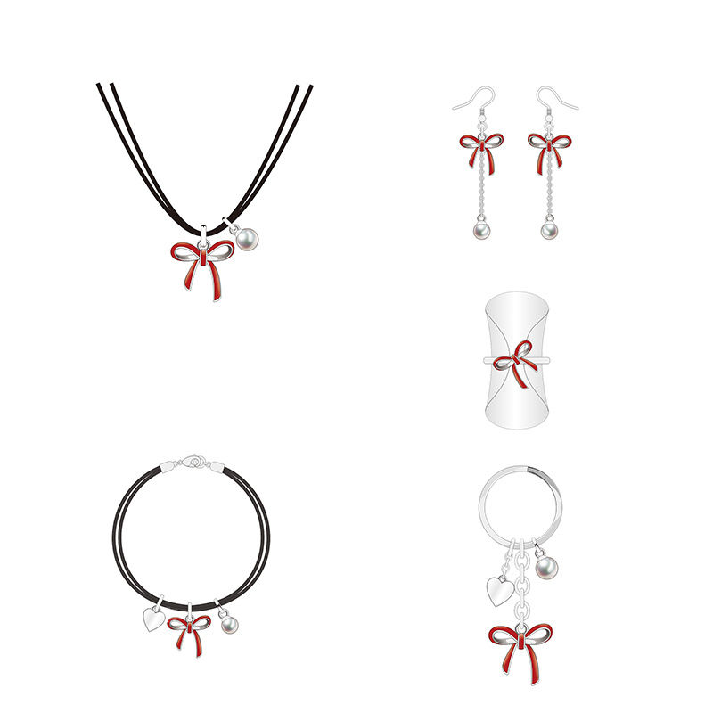 Classic Design Timeless Red Bow Silver Pearl Jewelry Set