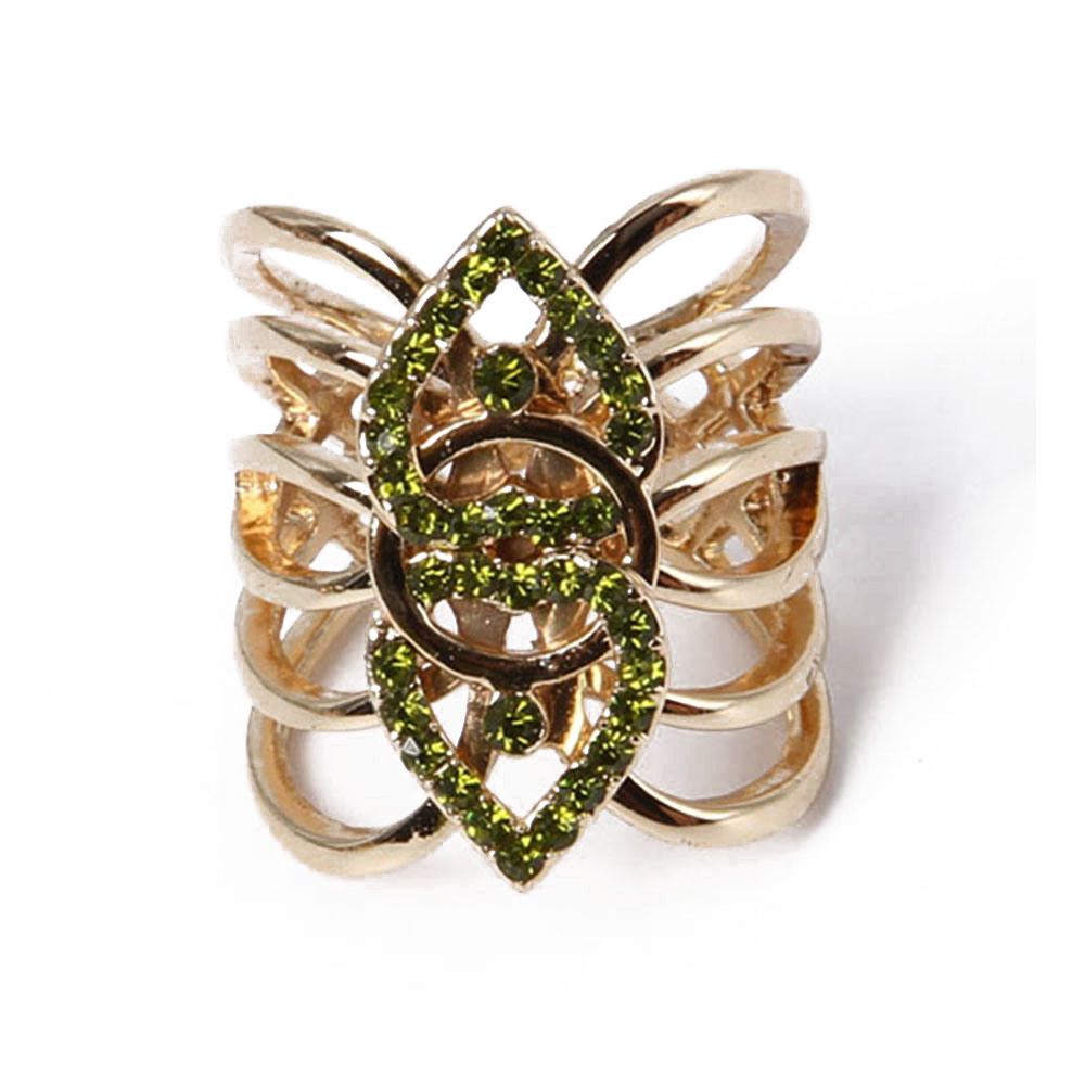 Customized Fashion Jewelry Irregular Glod Ring with Green Rhinestone