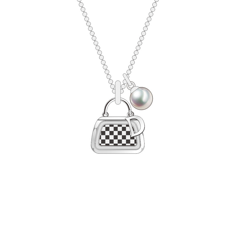Silver Black and White Checkered Lock Necklace Jewelry Set