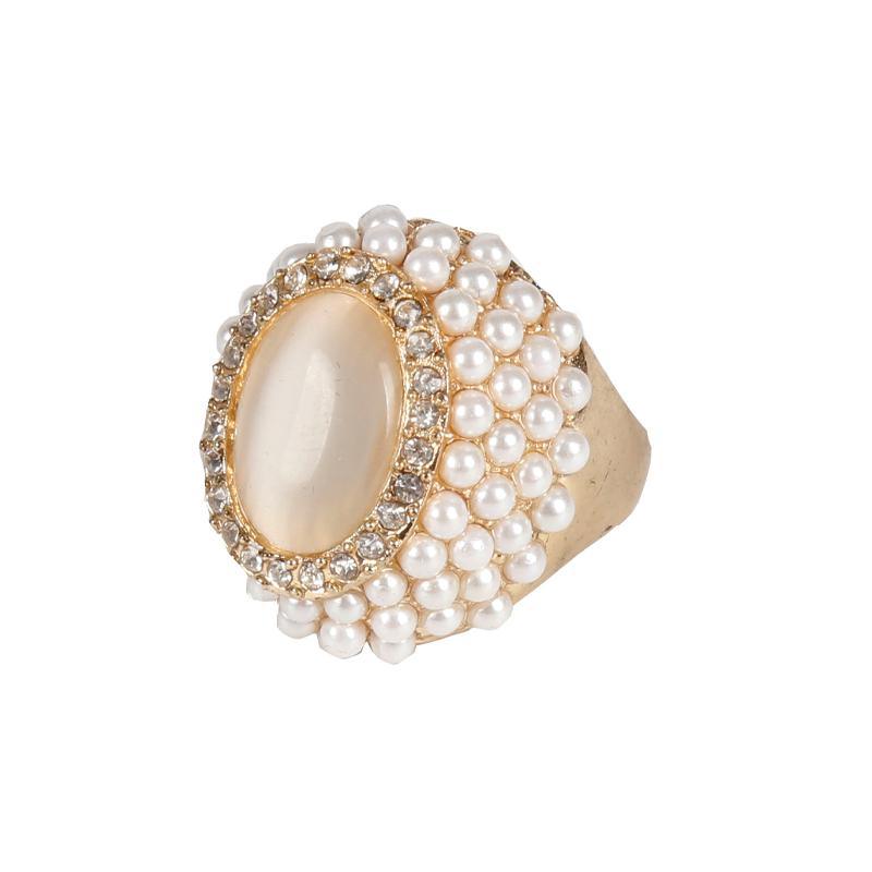 Oval Pearl Diamond White Jade Rose Gold Ring