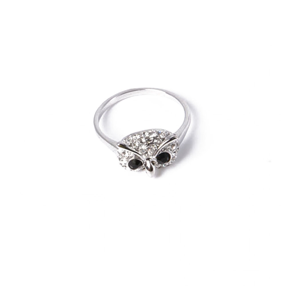 Fashion Jewelry Owl Shape Silver Ring with White Rhinestone
