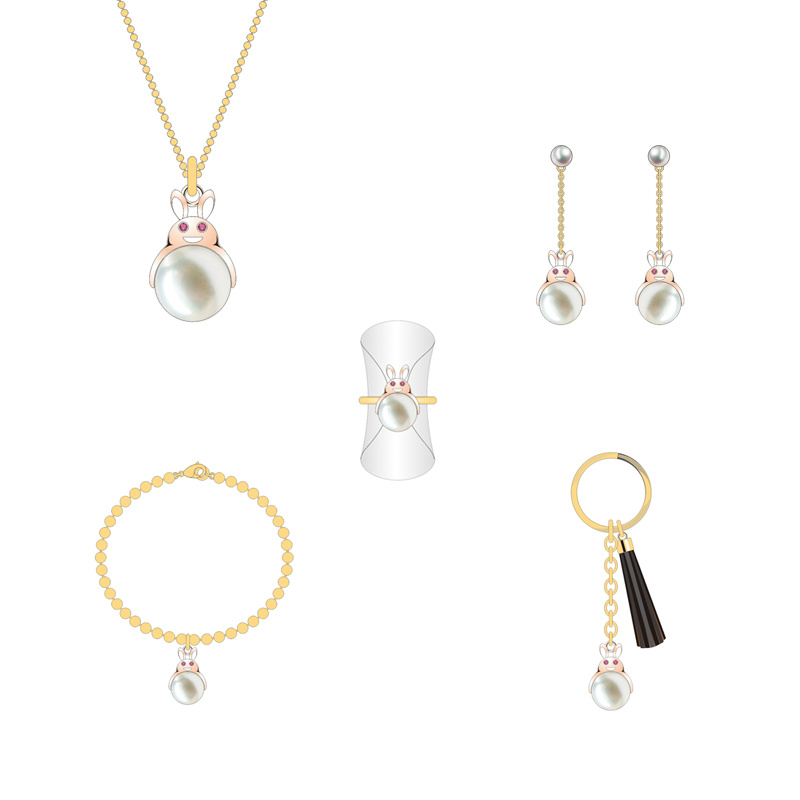 Newly Good Fashion Simple Pearl Pink Rabbit Jewelry Set