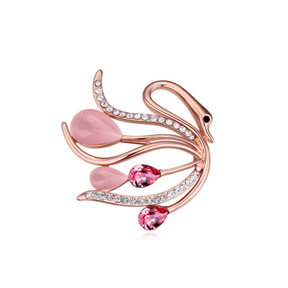 Quality Fashion jewelry Swan Type Gold Brooch with Pink Rhinestone