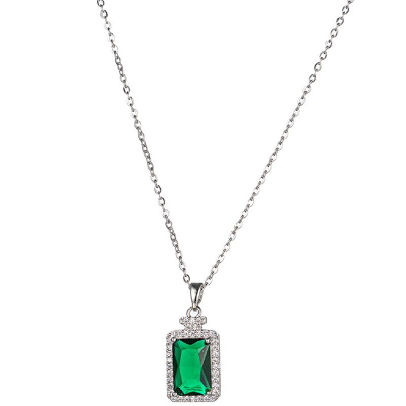 Emerald Perfume Bottle Pendant Silver Titanium Steel Necklace