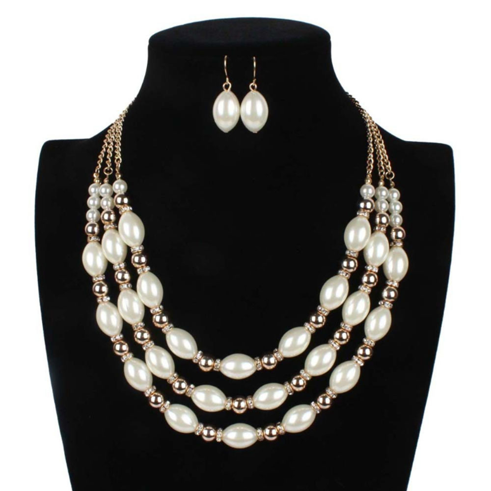 Fashion Jewelry Gold Bead Necklace with Transparent Rhinestone
