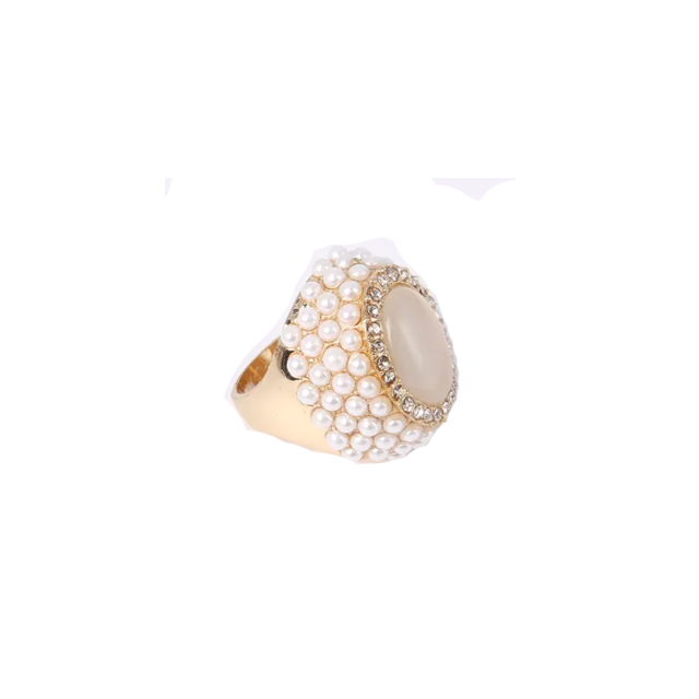 Cat Eye and Small Plastic Pearl Fashion Ring Gold Plated 