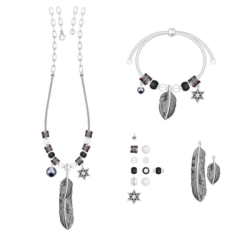 Trendy Grey Inlaid Silver Jewelry Set with Feathers