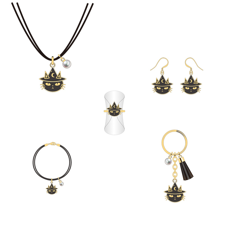 Classic Golden Black Cat Halloween Jewelry Set for Adult