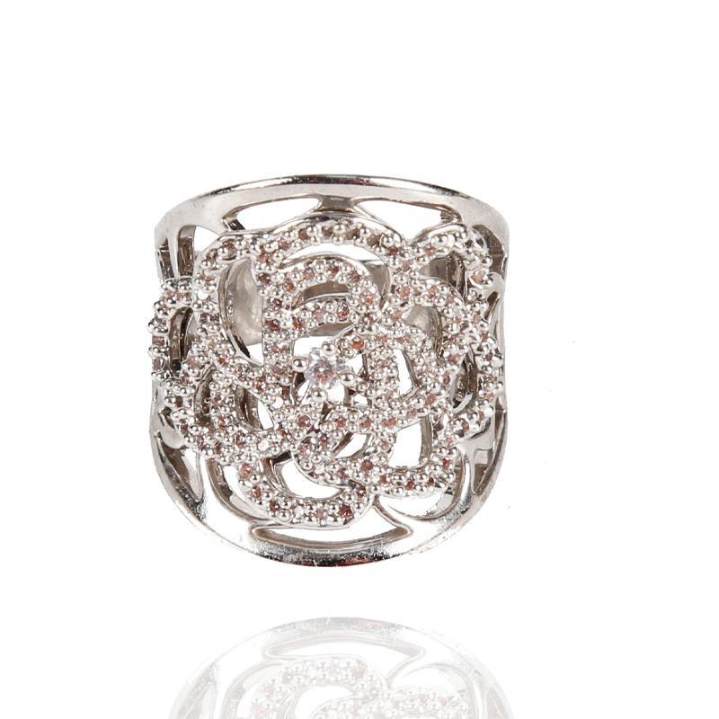 Pink Diamond Rose Pattern Hollow out Silver Ring