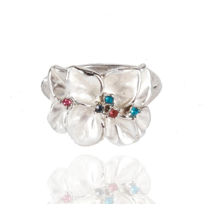 Double Layer Water Drop Petal Color Diamond Silver Ring