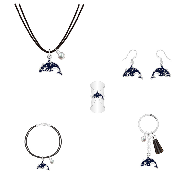 Simple Classic Design Black and White Pearl Dolphins Jewelry Set