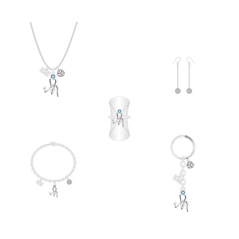 Summer Sport Girl Silver Volleyball Letters Jewelry Set